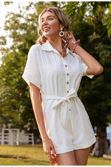 Pure Color Short-sleeved Lapel Tie Jumpsuit Casual