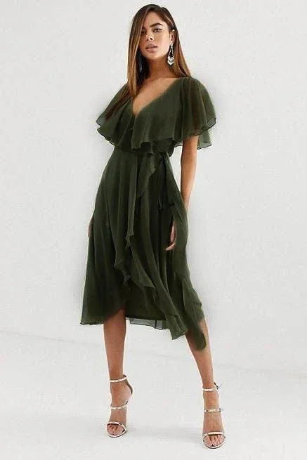 Elegant Midi Dress With Ruffle And Wrap Skirt Barbados