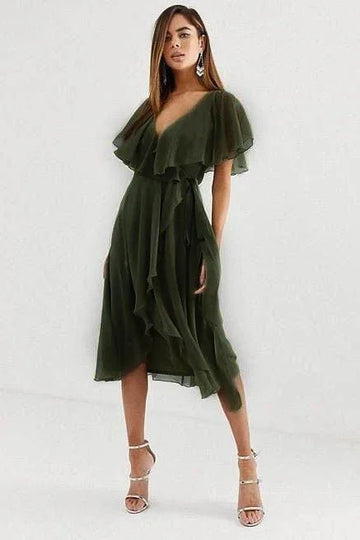 Elegant Midi Dress With Ruffle And Wrap Skirt Barbados