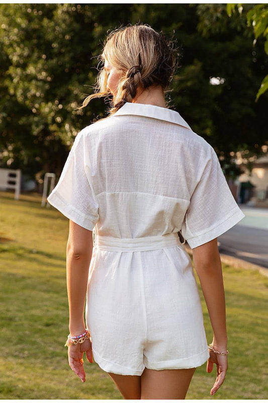 Pure Color Short-sleeved Lapel Tie Jumpsuit Casual