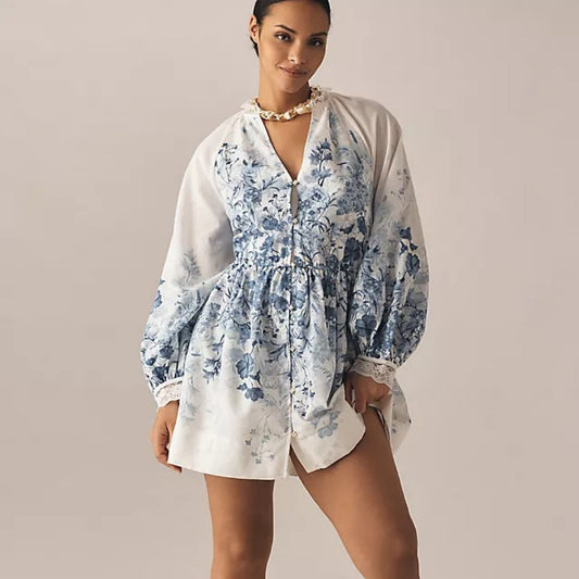 Vintage Puff Sleeve Stand Collar Dress