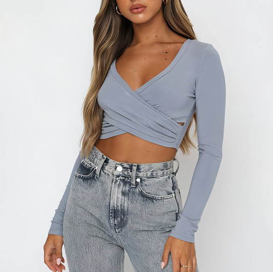 Top Cross V-neck Stitching Slim-fit Long-sleeved