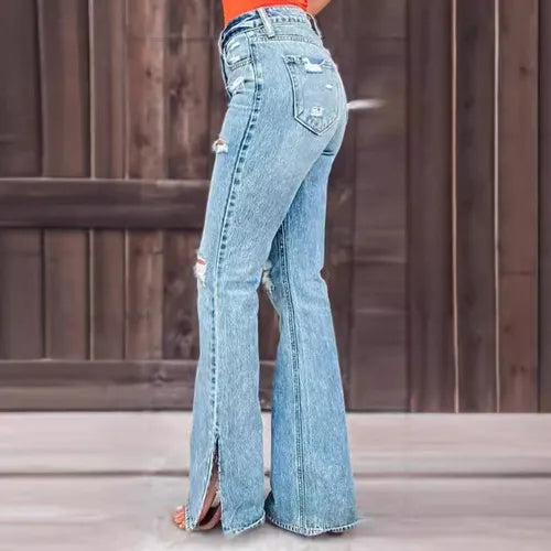 High Waist Ripped Split Stretch Jeans