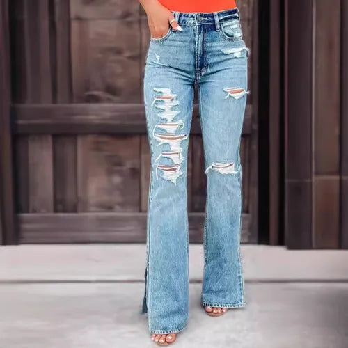 High Waist Ripped Split Stretch Jeans