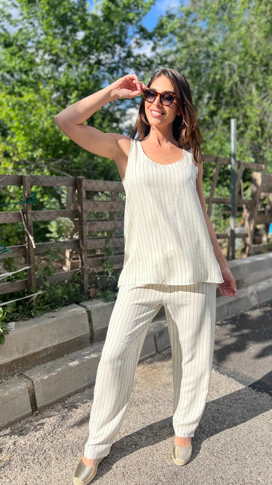Ecru Striped Linen-Like Top And Pants Set